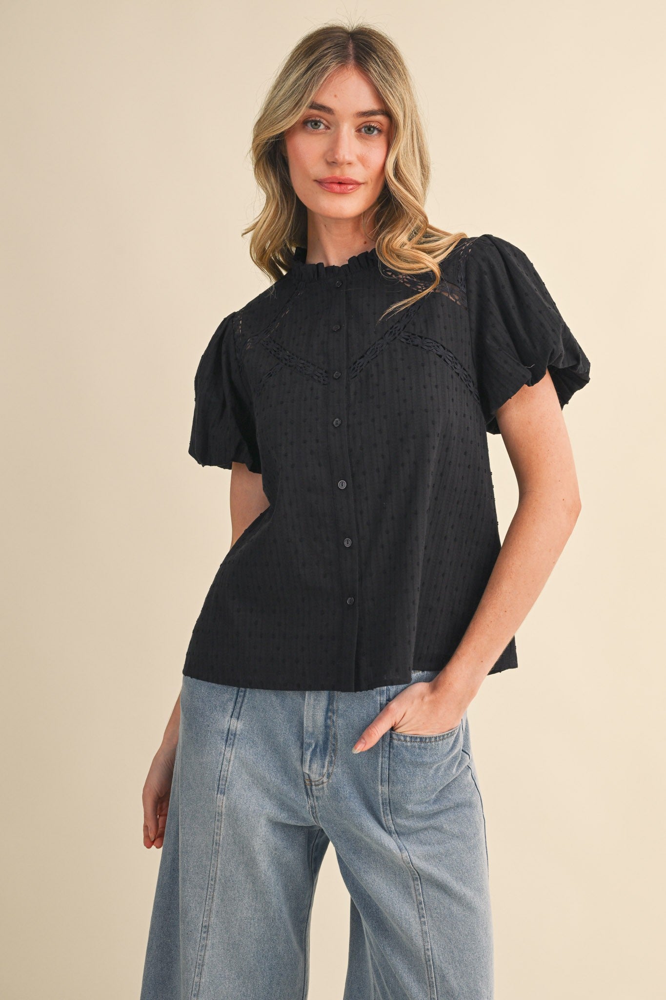 Lace Trim Button Blouse
