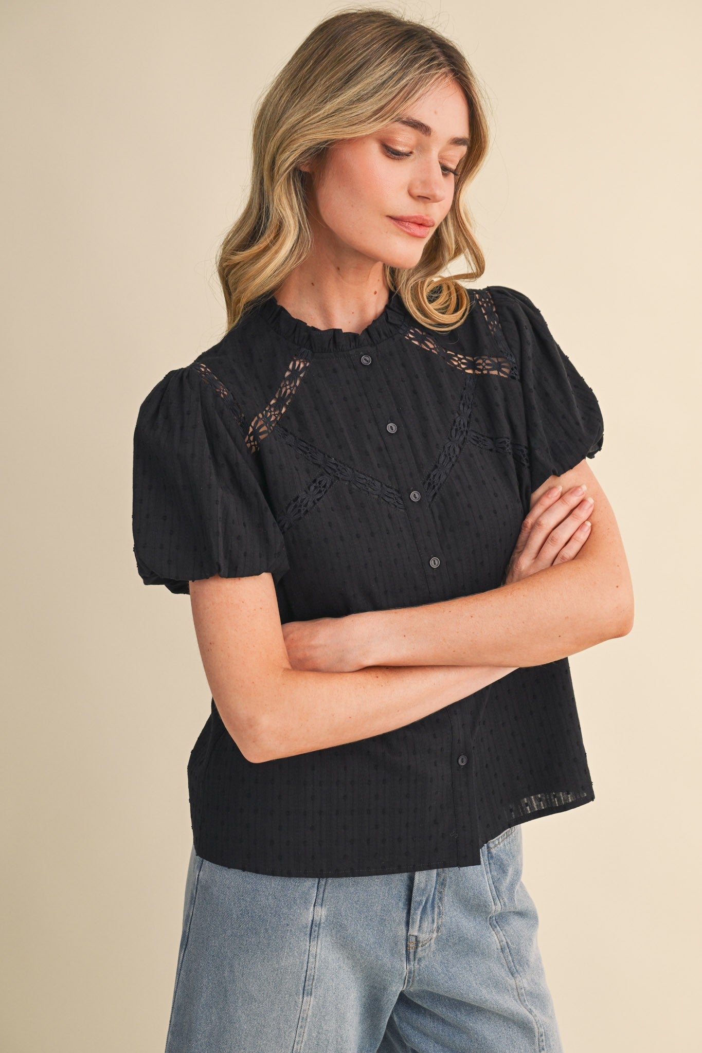 Lace Trim Button Blouse