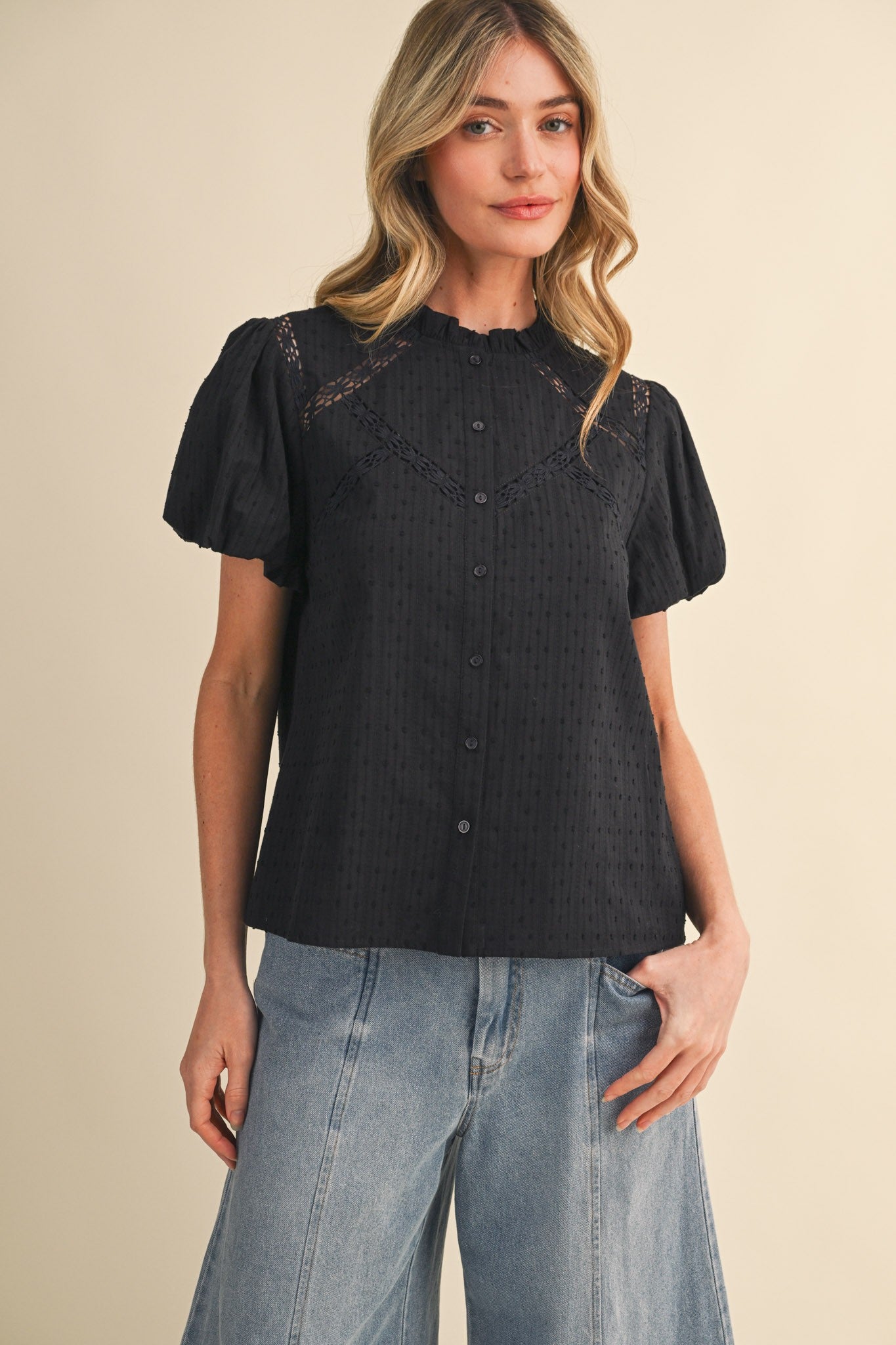 Lace Trim Button Blouse