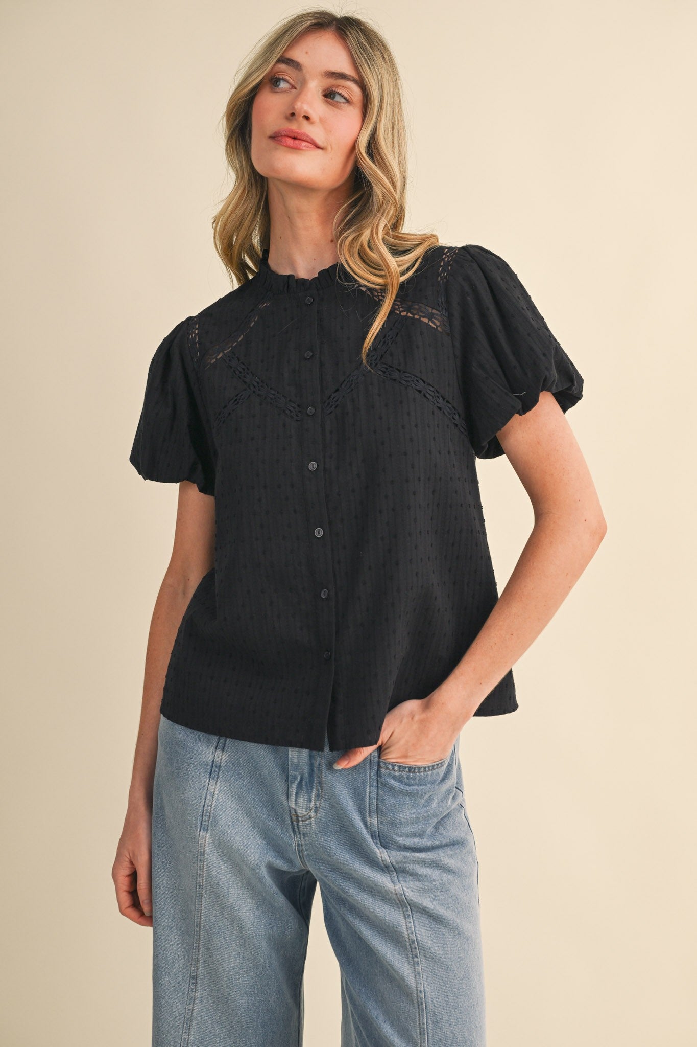Lace Trim Button Blouse