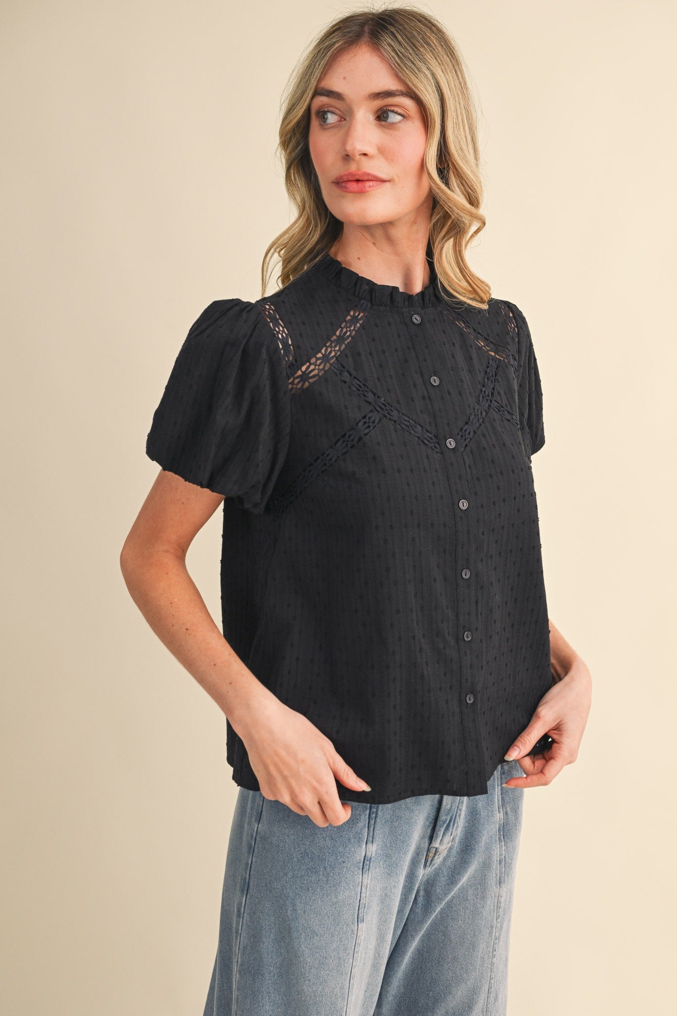 Lace Trim Button Blouse