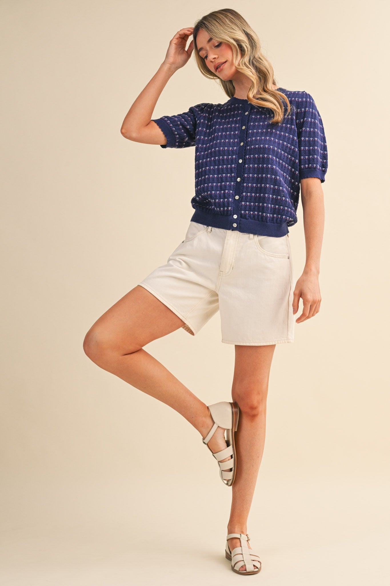 Pointelle Puff Sleeve Sweater Top