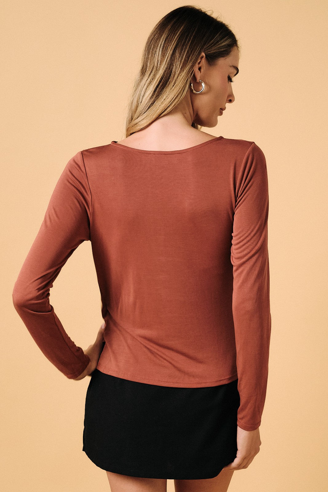 Round Neck Long Sleeve Shirring Detail Top