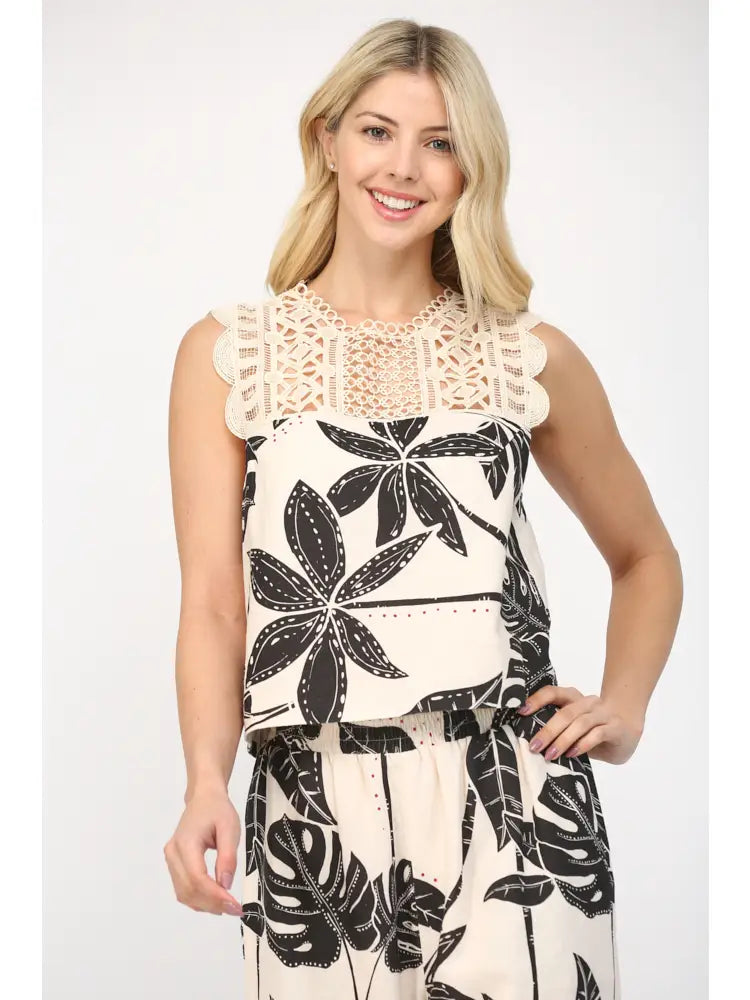 Tropical Print Linen Blend Crop Top