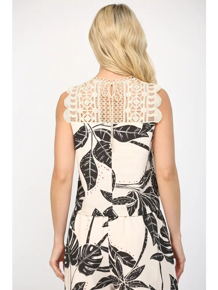 Tropical Print Linen Blend Crop Top