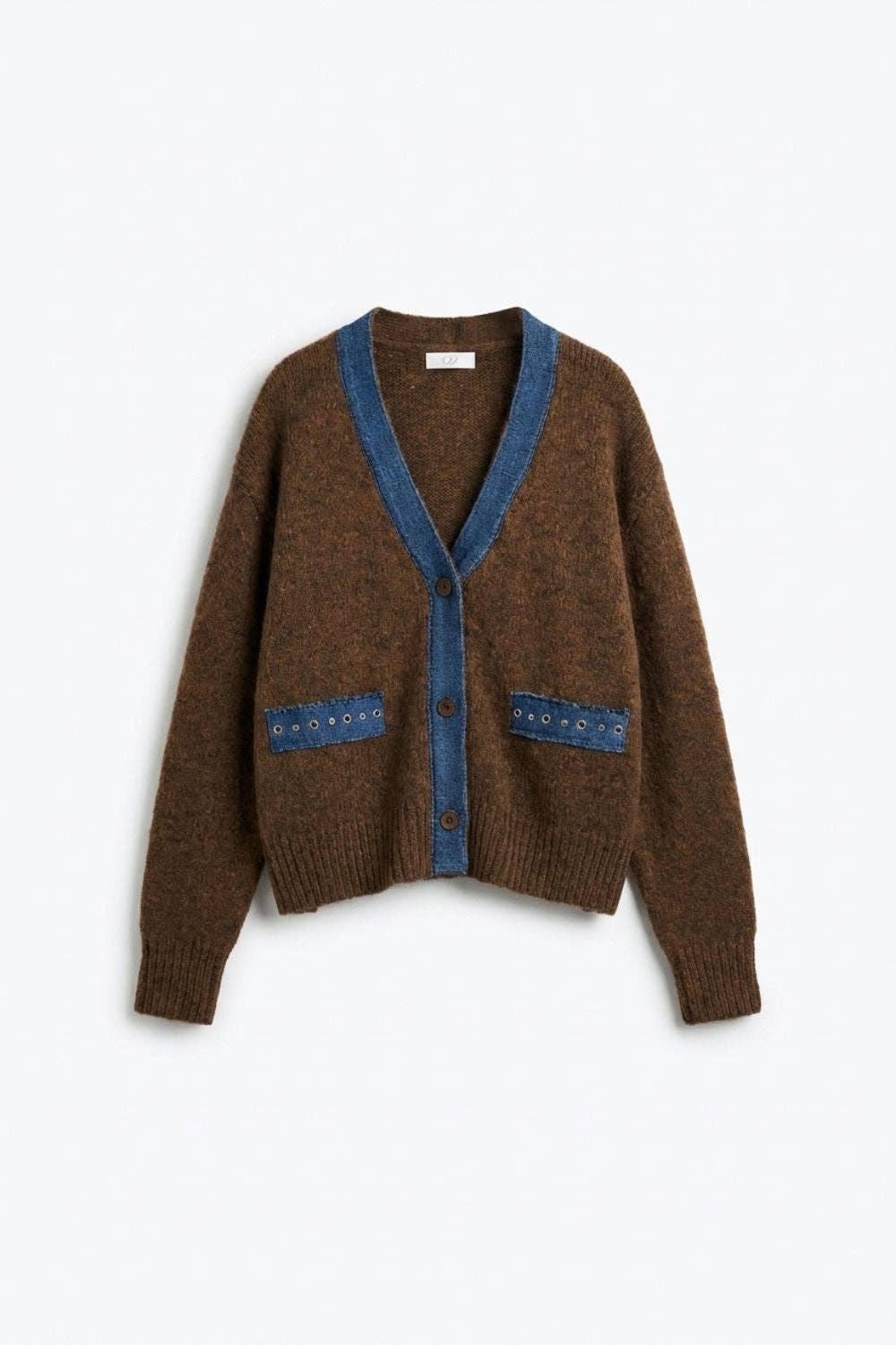 Distressed Denim Trim Cardigan