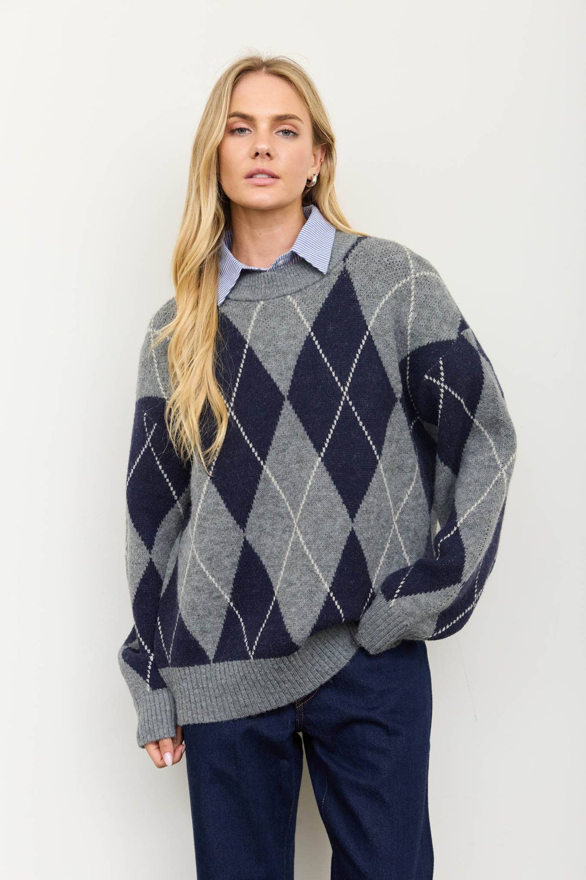 Oversized Argyle Knit Pullover