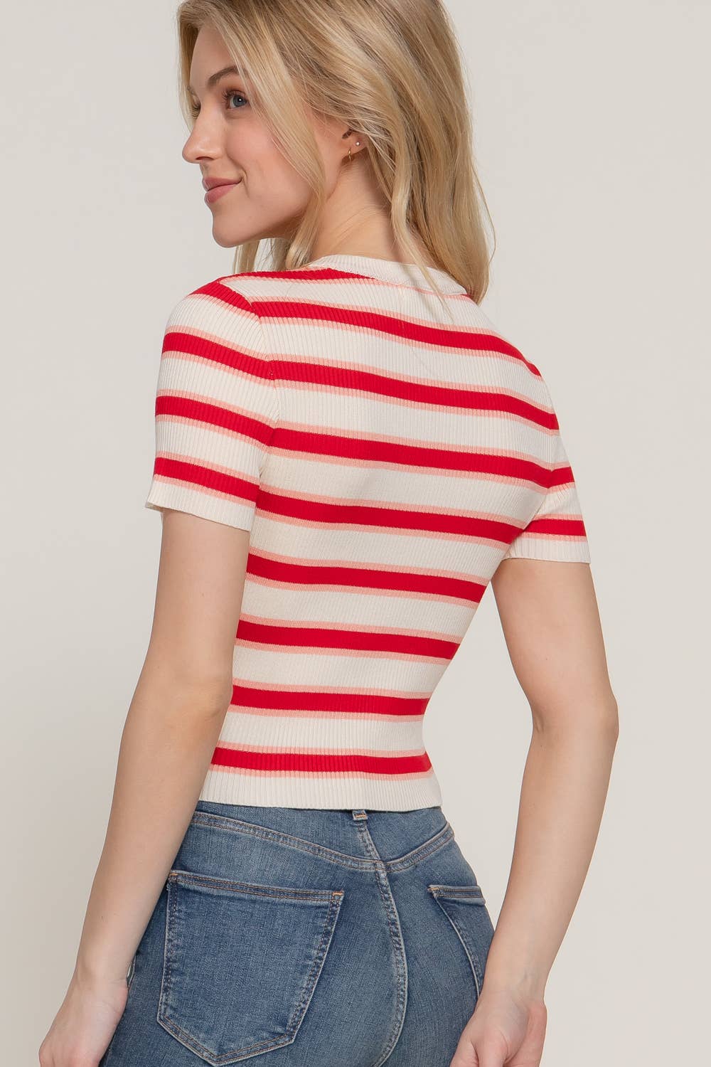 Short-Sleeve Ribbed Multi-Stripe Top