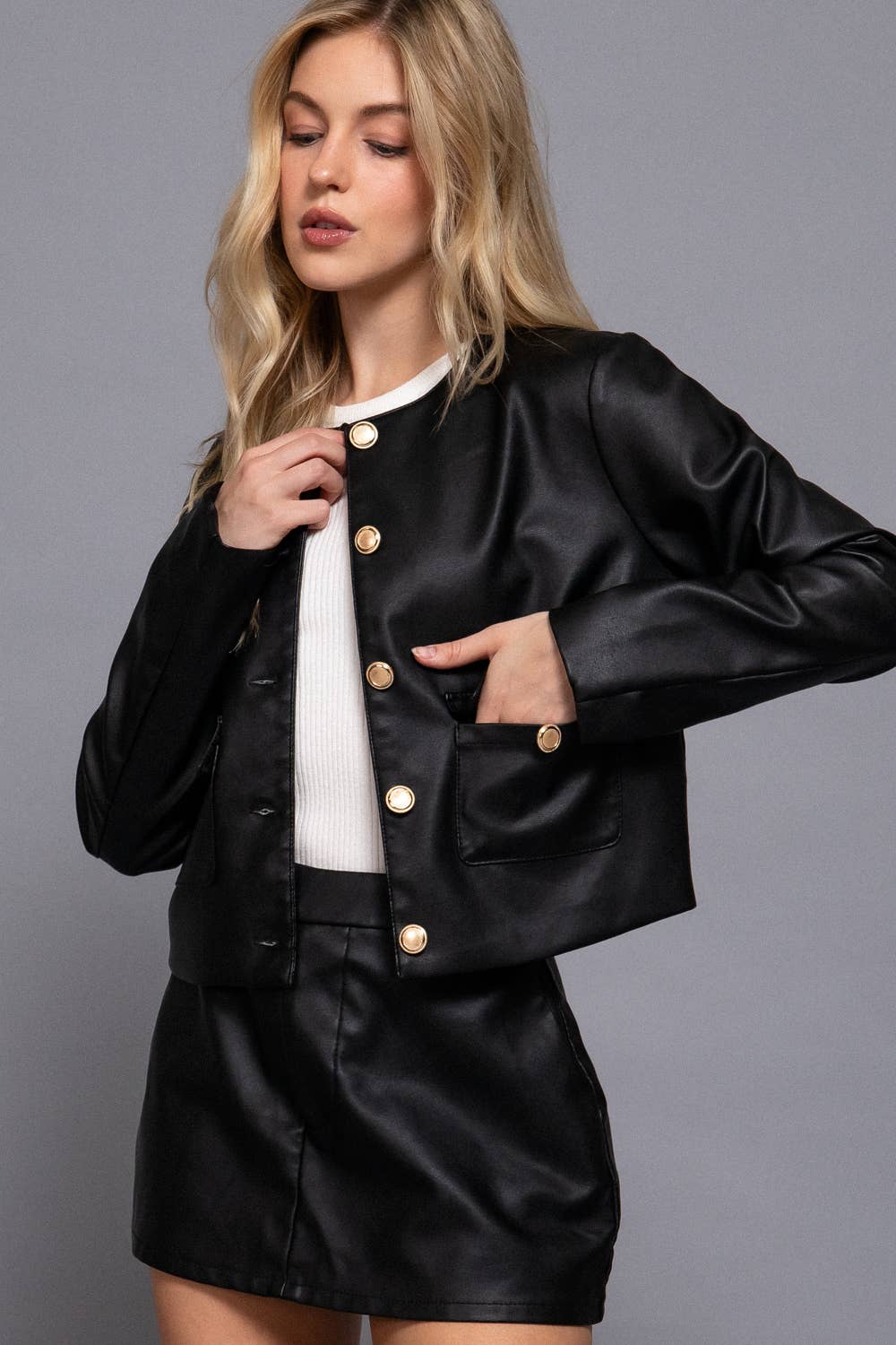 Round Neck Faux Leather Jacket