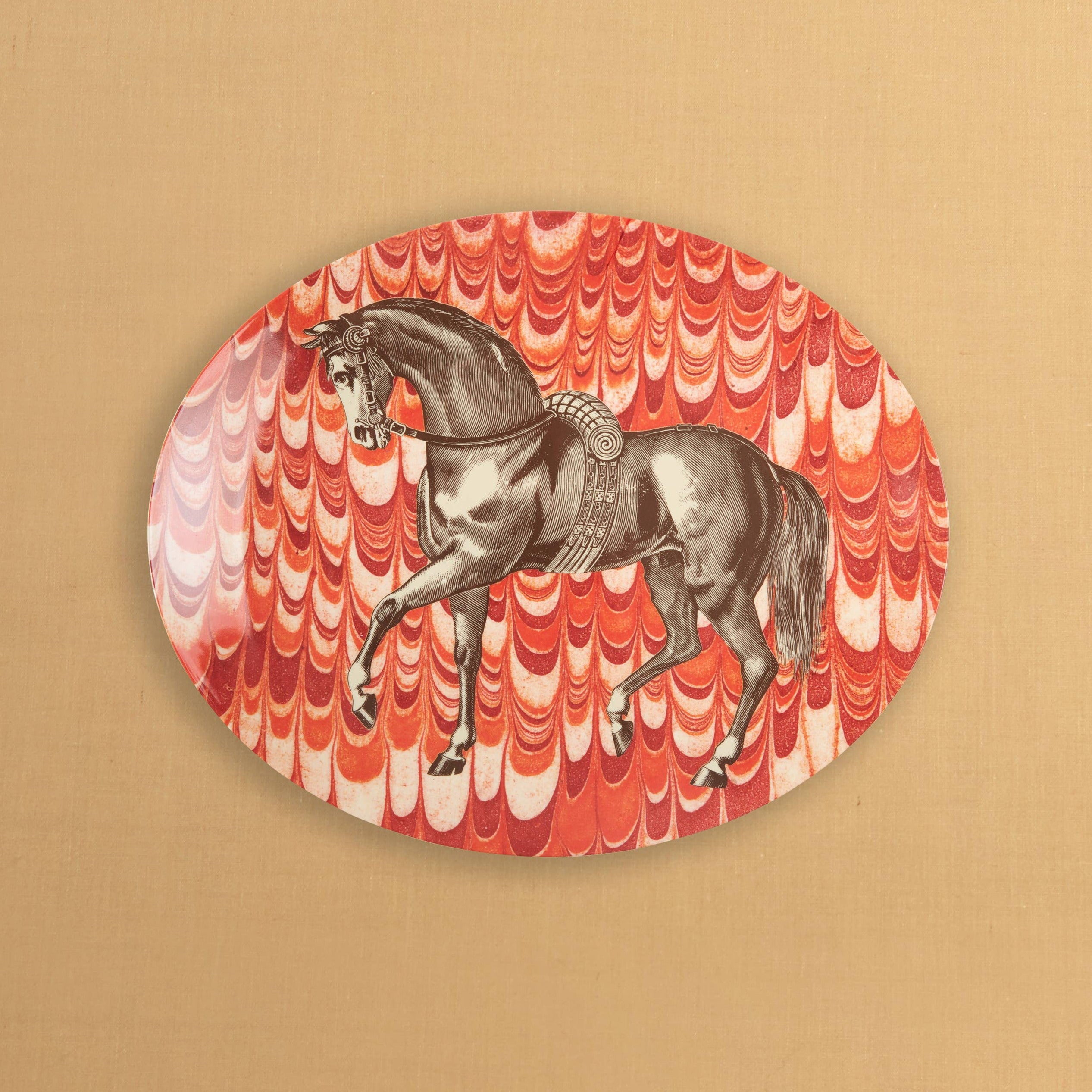 Equus Over Malamine Platter orange front | MILK MONEY milkmoney.co | white elephant gift ideas, gift, mother's day gift ideas, white elephant gift, gift shops near me, cute home decor, mother's day gift, cute home accents, handmade in USA, elegant home decor