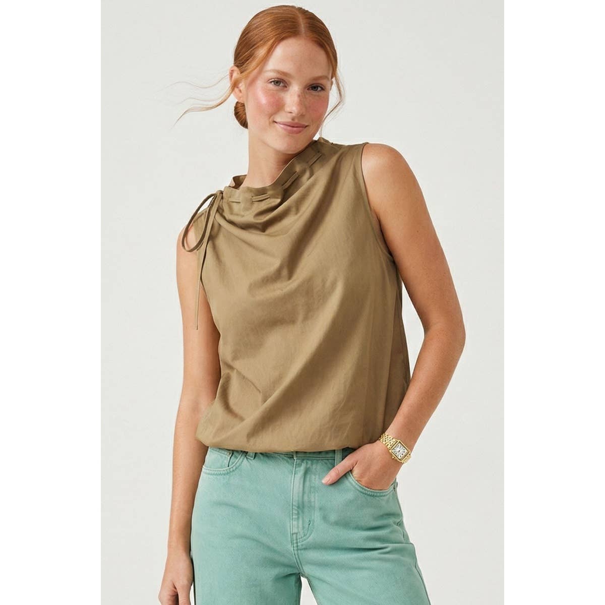 Cinched Mock Neck Sleeveless Top