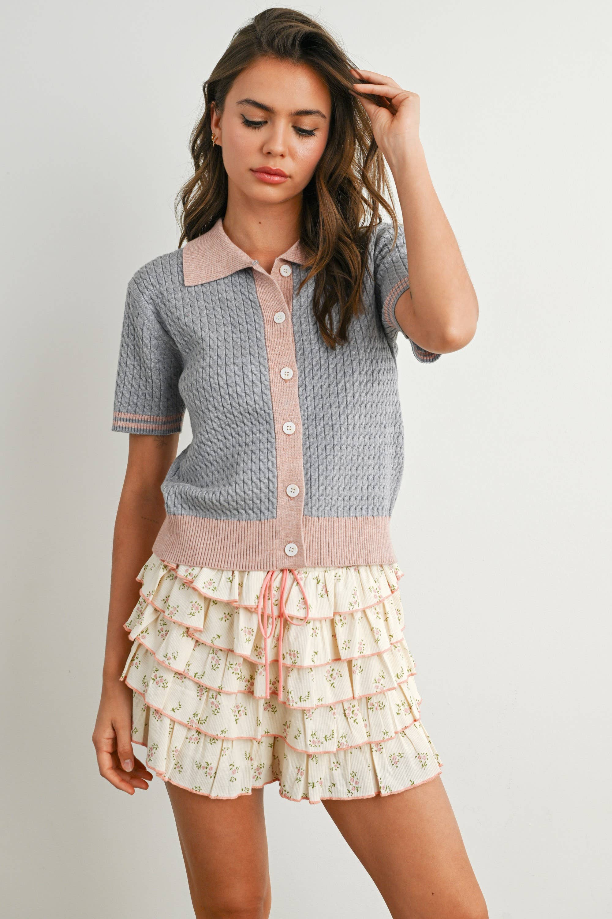 Button-Up Collared Short Sleeve Top