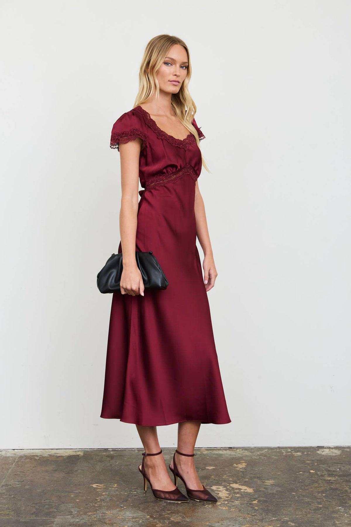 Satin Lace Trim Midi Dress