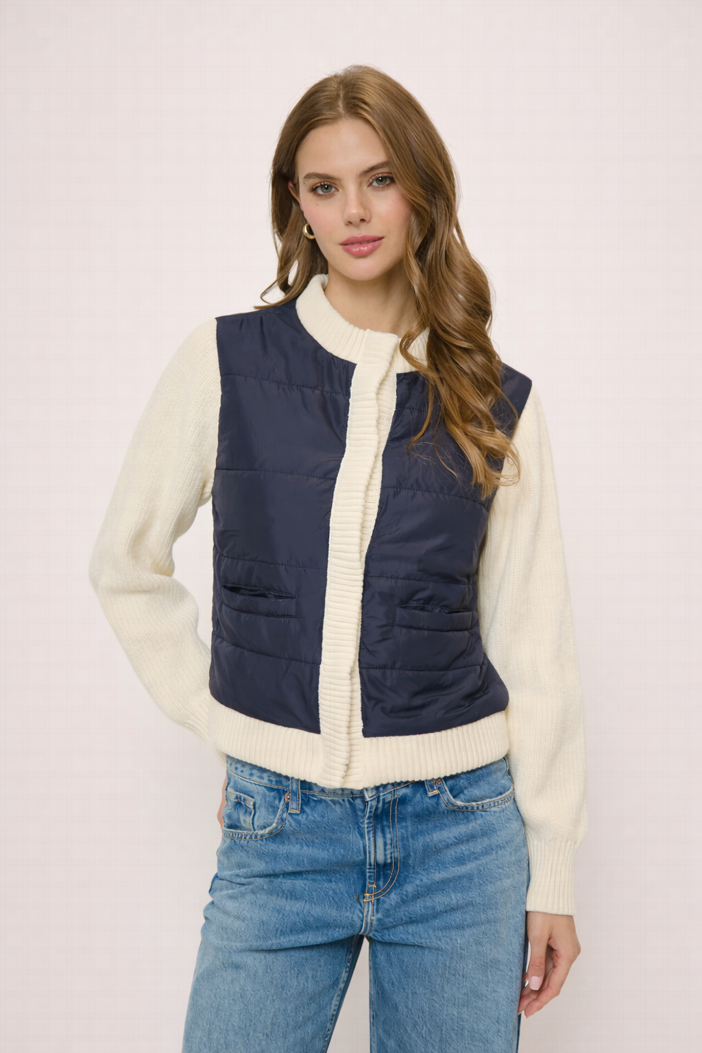 Nylon Quilted Jacket w/ Sweater Sleeves