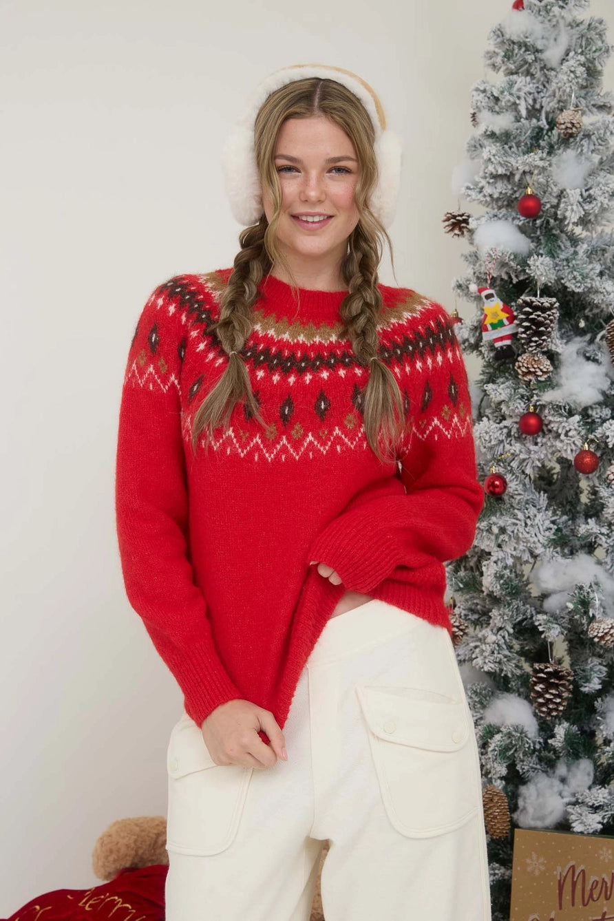 Fuzzy Fair Isle Crew Neck Sweater