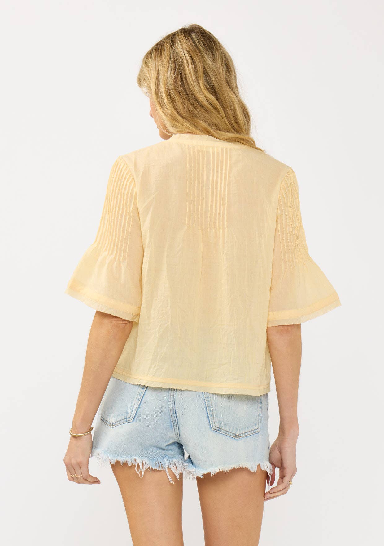 Short Sleeve Split-Neck Pintuck Top