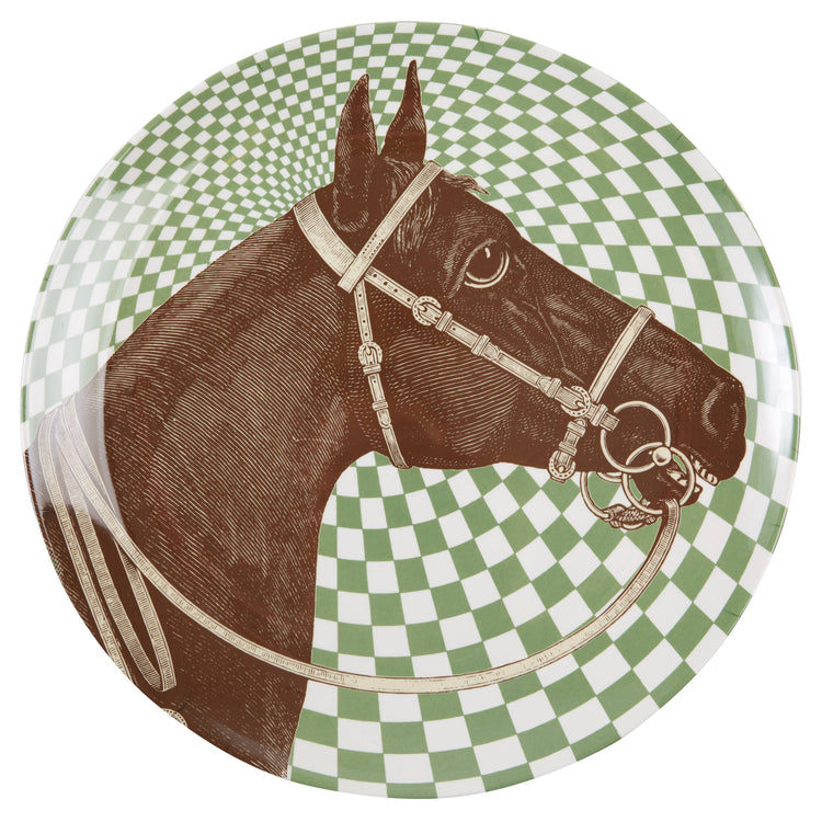 Equus Round Melamine Platter front green | MILK MONEY milkmoney.co | white elephant gift ideas, gift, mother's day gift ideas, white elephant gift, gift shops near me, cute home decor, mother's day gift, cute home accents, handmade in USA, elegant home decor