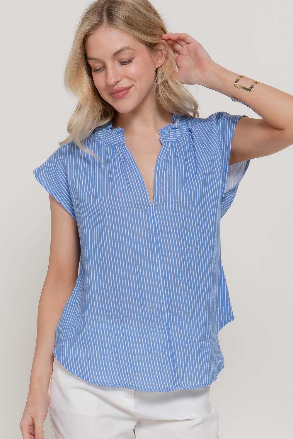 Ruffle V-Neck Cotton Blouse