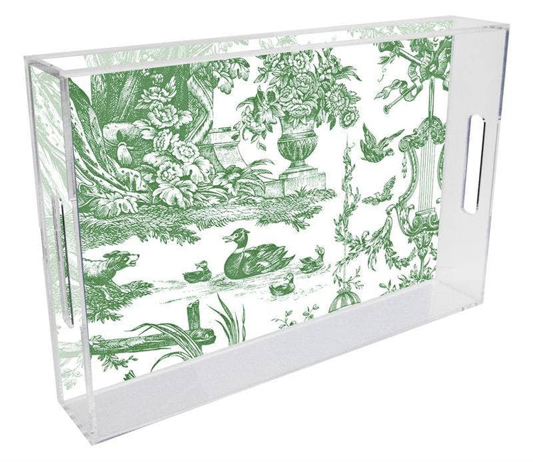 Green Toile Serving Lucite Tray front | MILK MONEY milkmoney.co | 	Home decor online, Modern home decor, Luxury home furnishings, Best home decor, Home accessories for sale, Living room furniture sets, Kitchen decor ideas, Wall art for home, Bathroom accessories, Vintage home decor, Minimalist home decor
