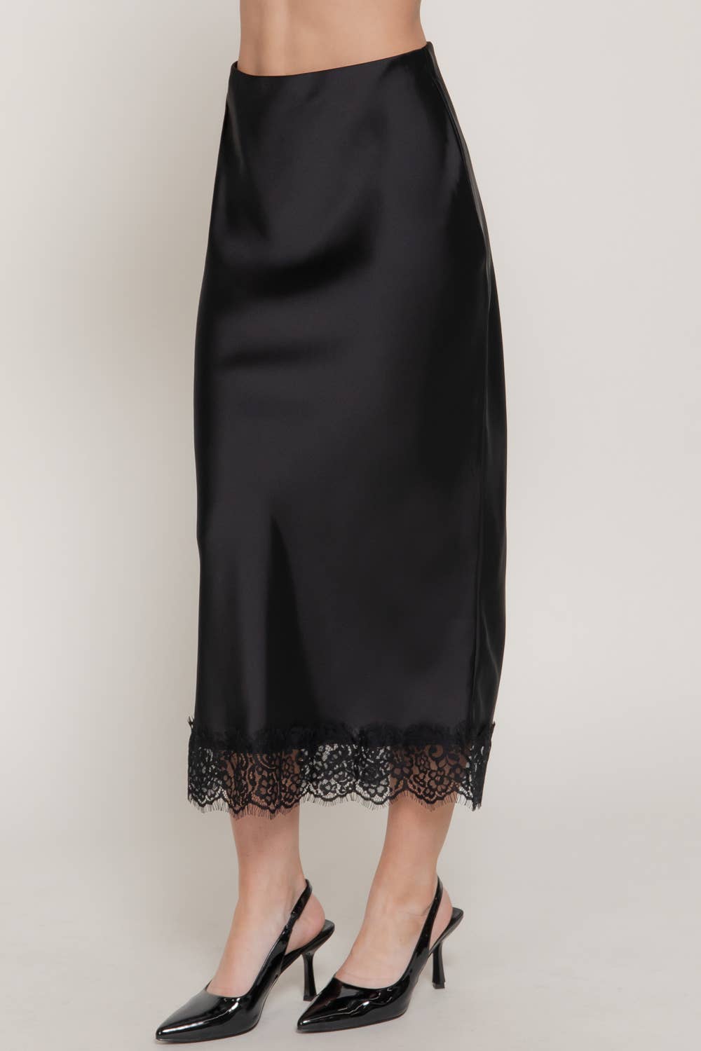 Lace Trim Satin Midi Skirt