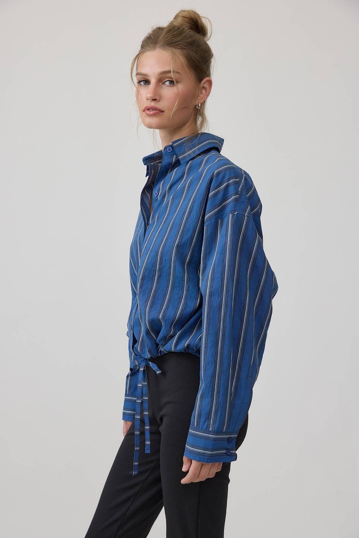 Stripe Button-Up Drawstring Shirt