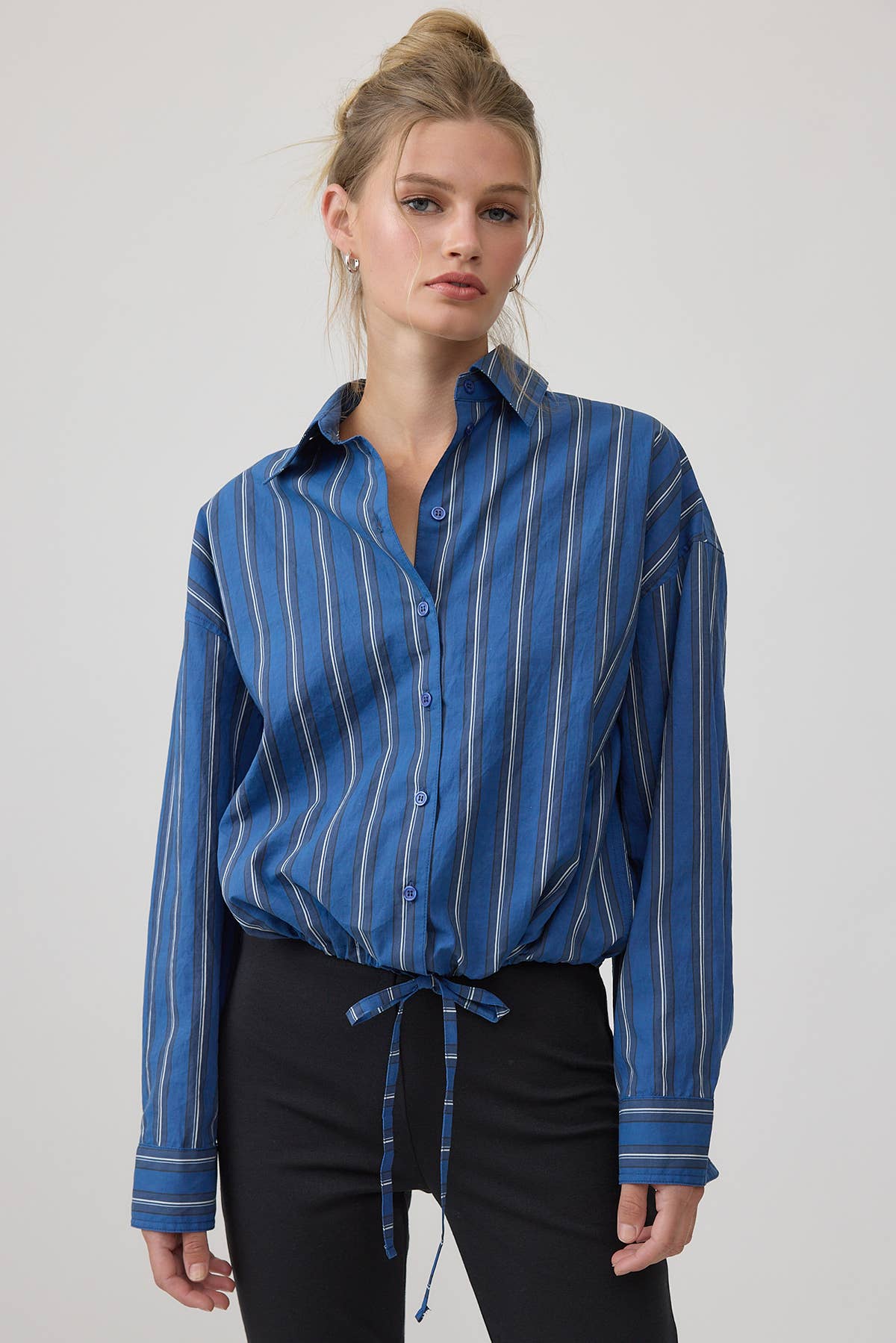 Stripe Button-Up Drawstring Shirt