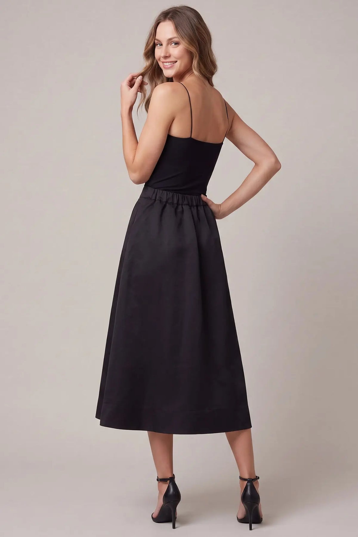 Black Satin Structured Midi Skirt