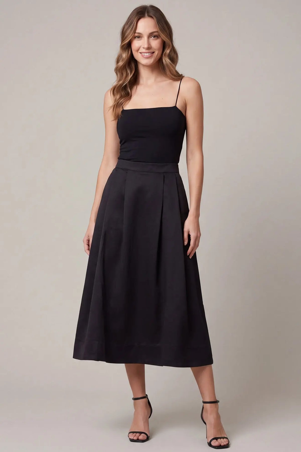 Black Satin Structured Midi Skirt