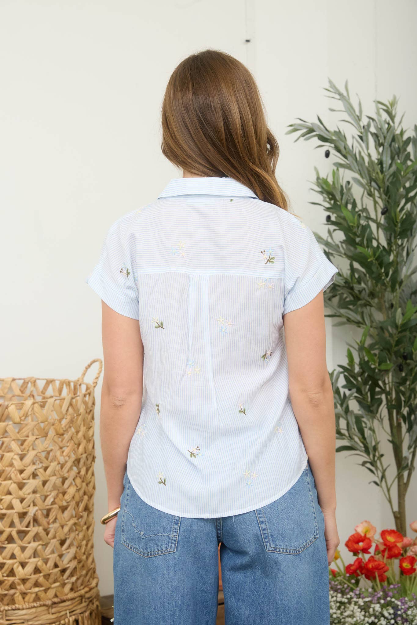 Embroidered Pinstripe Collared Shirt