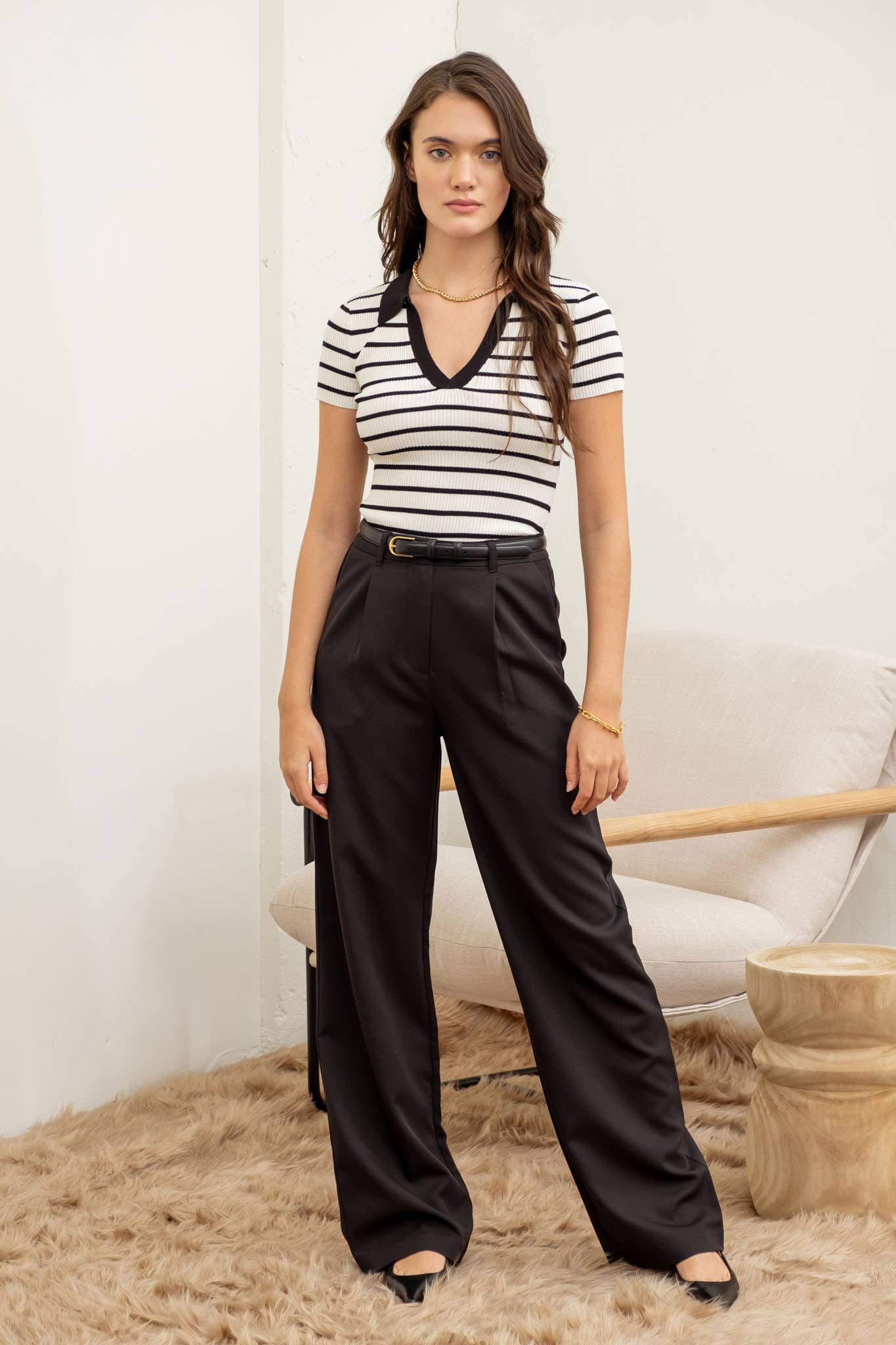 Stripe Collared Short Sleeve Sweater Knit Top