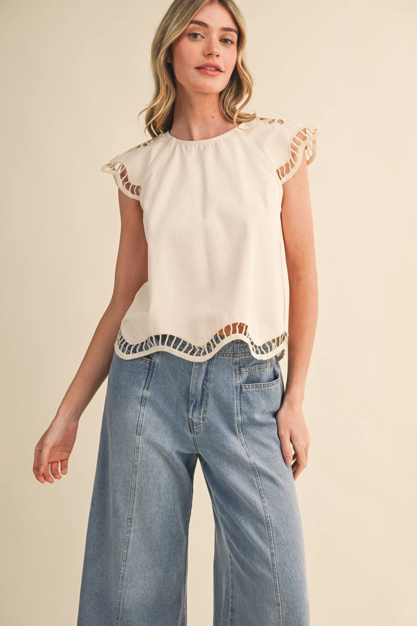Embroidered Cut-Out Cap Sleeve Top