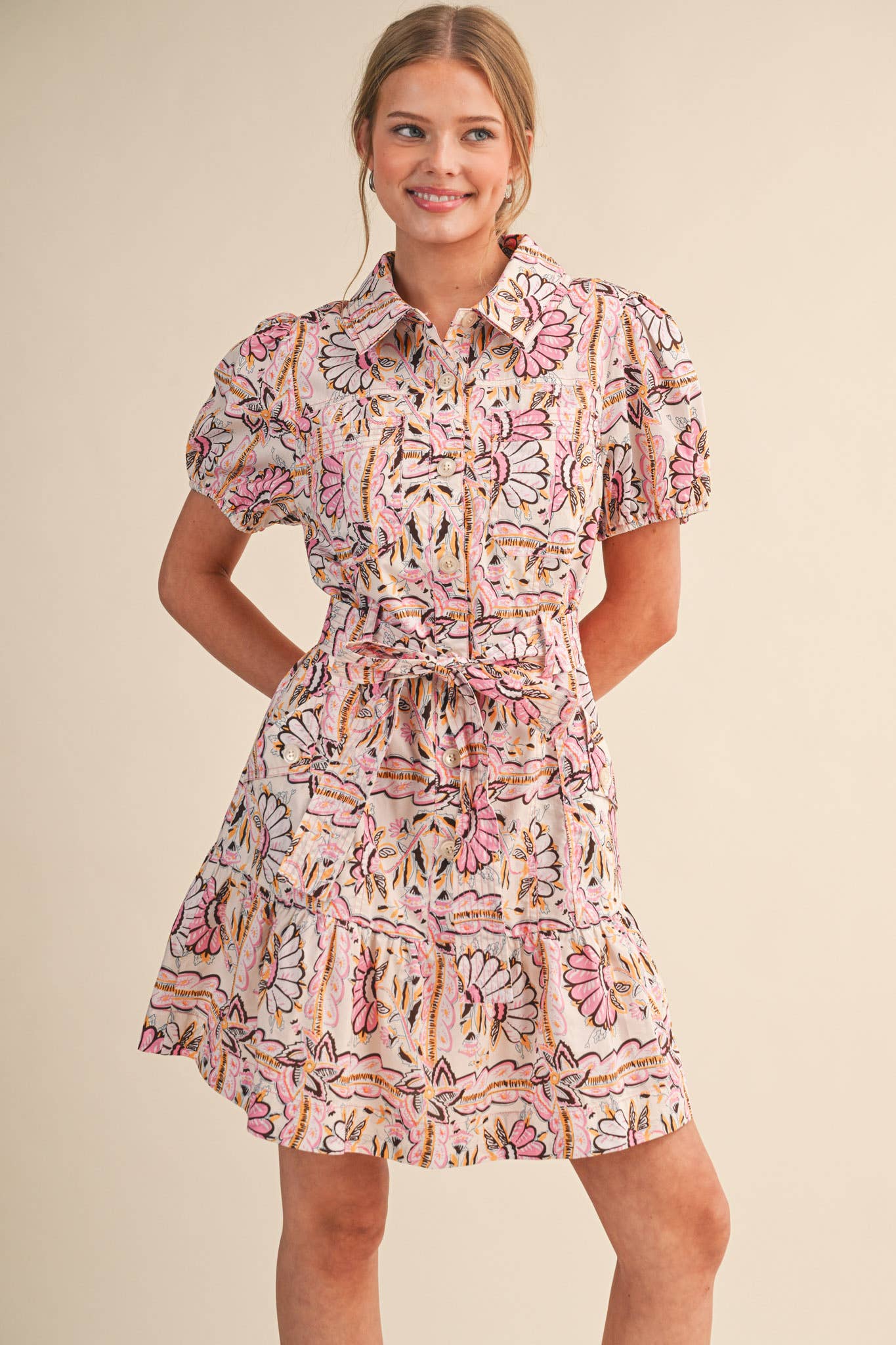 Floral Button Down Puff Sleeve Mini Dress