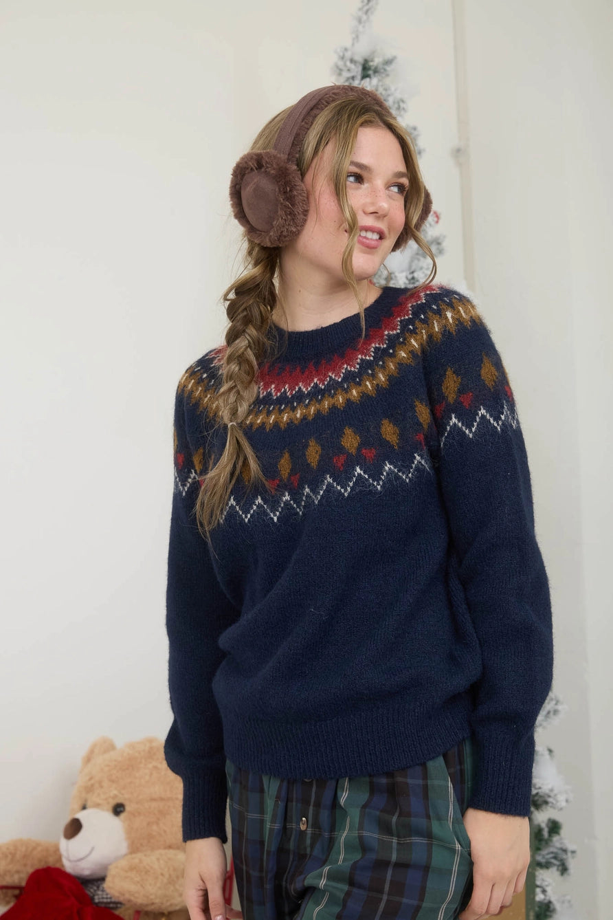 Fuzzy Fair Isle Crew Neck Sweater