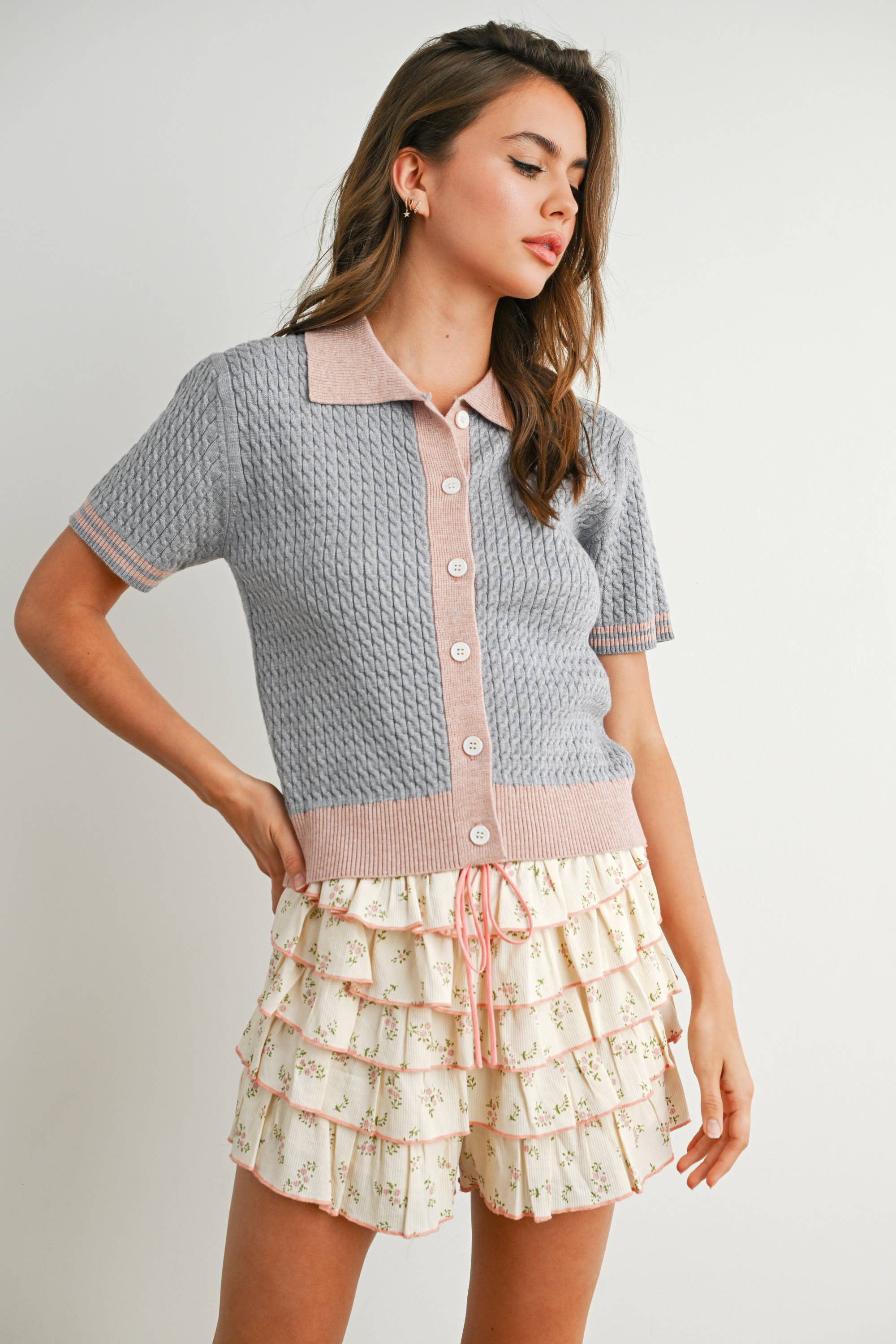 Button-Up Collared Short Sleeve Top