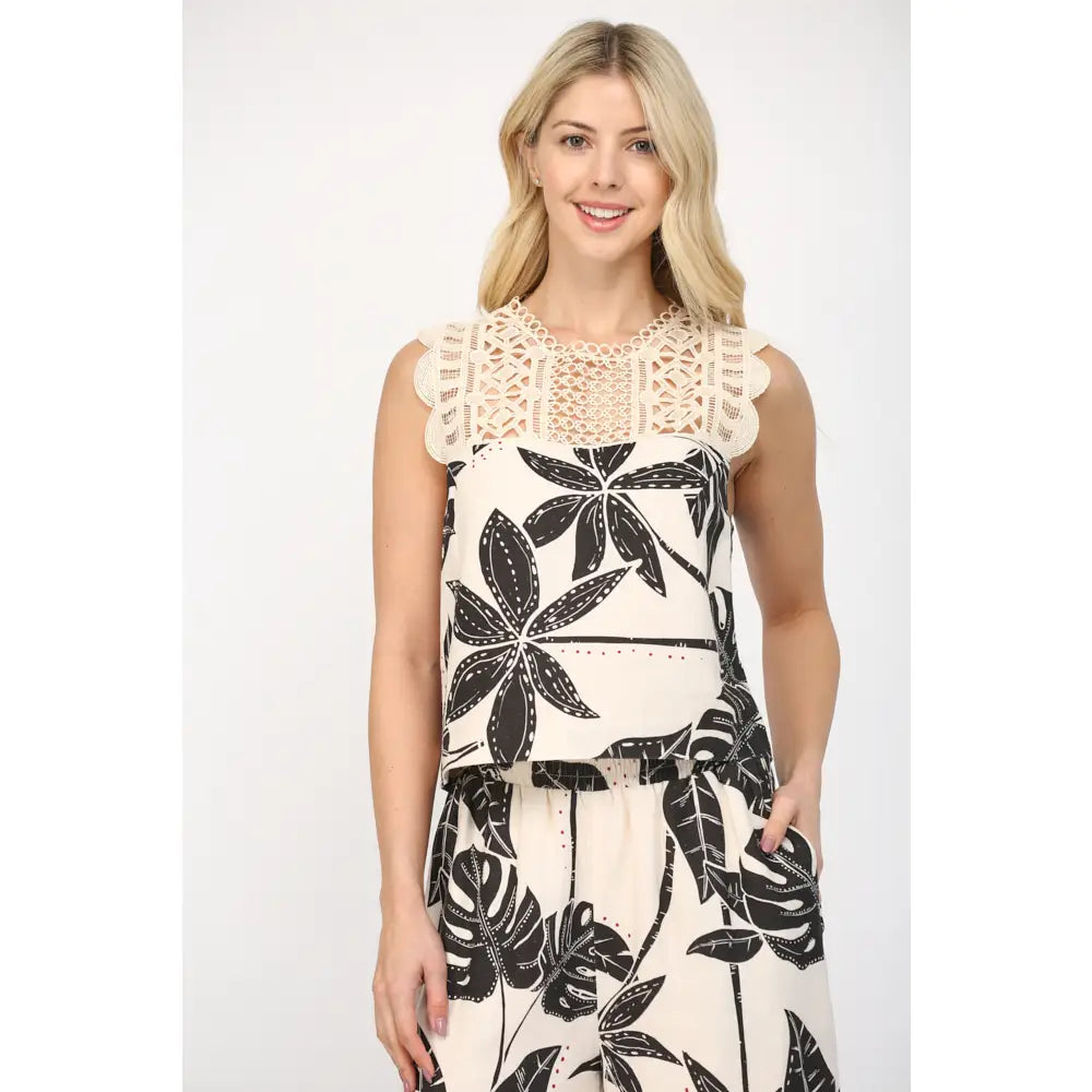 Tropical Print Linen Blend Crop Top