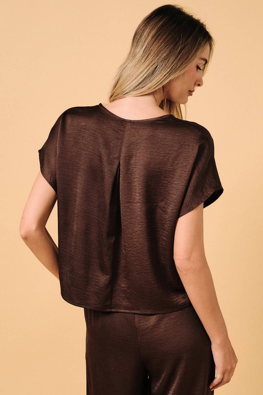 V-Neck Short Sleeve Crinkle Satin Top