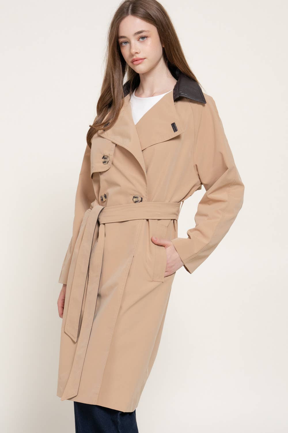 Trench Coat with Faux Leather Collar/Belt