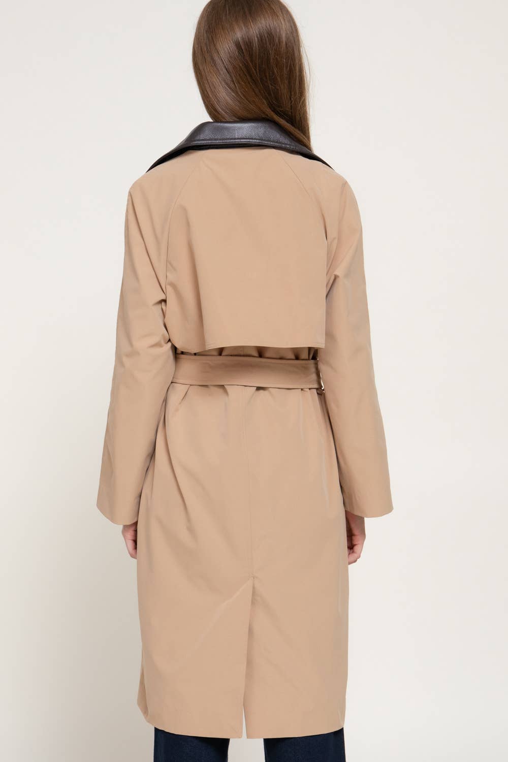 Trench Coat with Faux Leather Collar/Belt