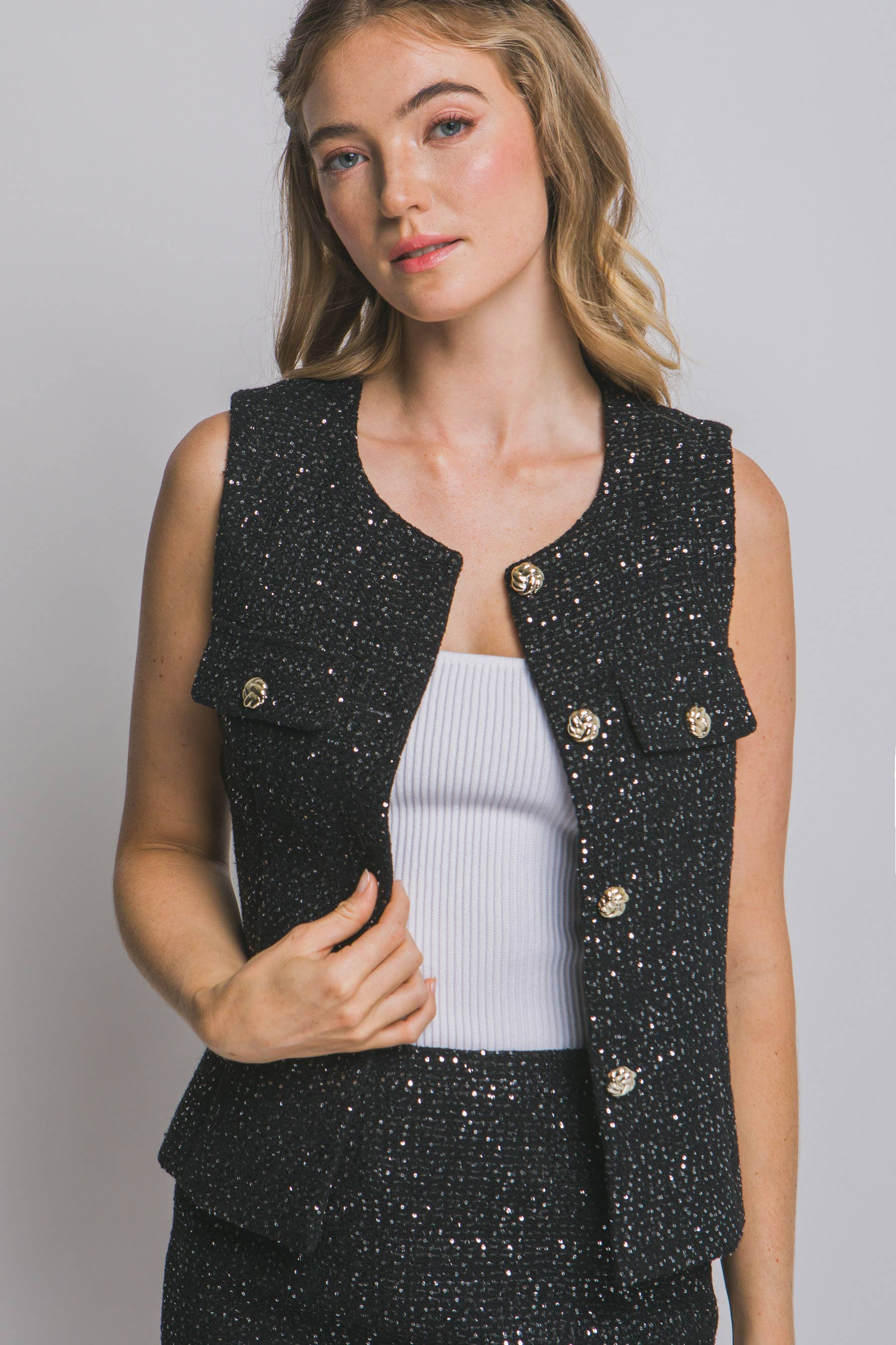 Sequin Button Tweed Vest