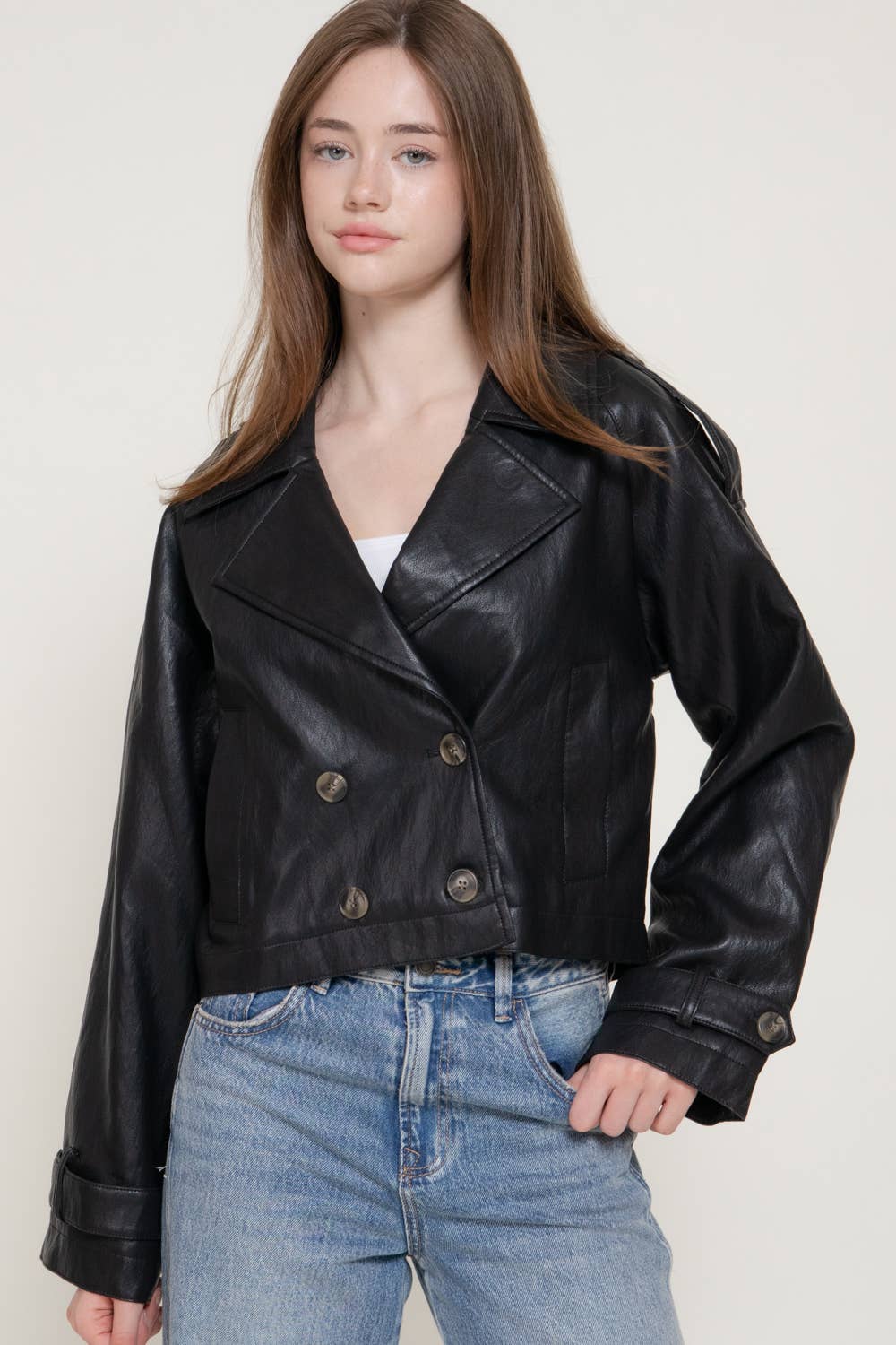 Faux Leather Cropped Trench Coat