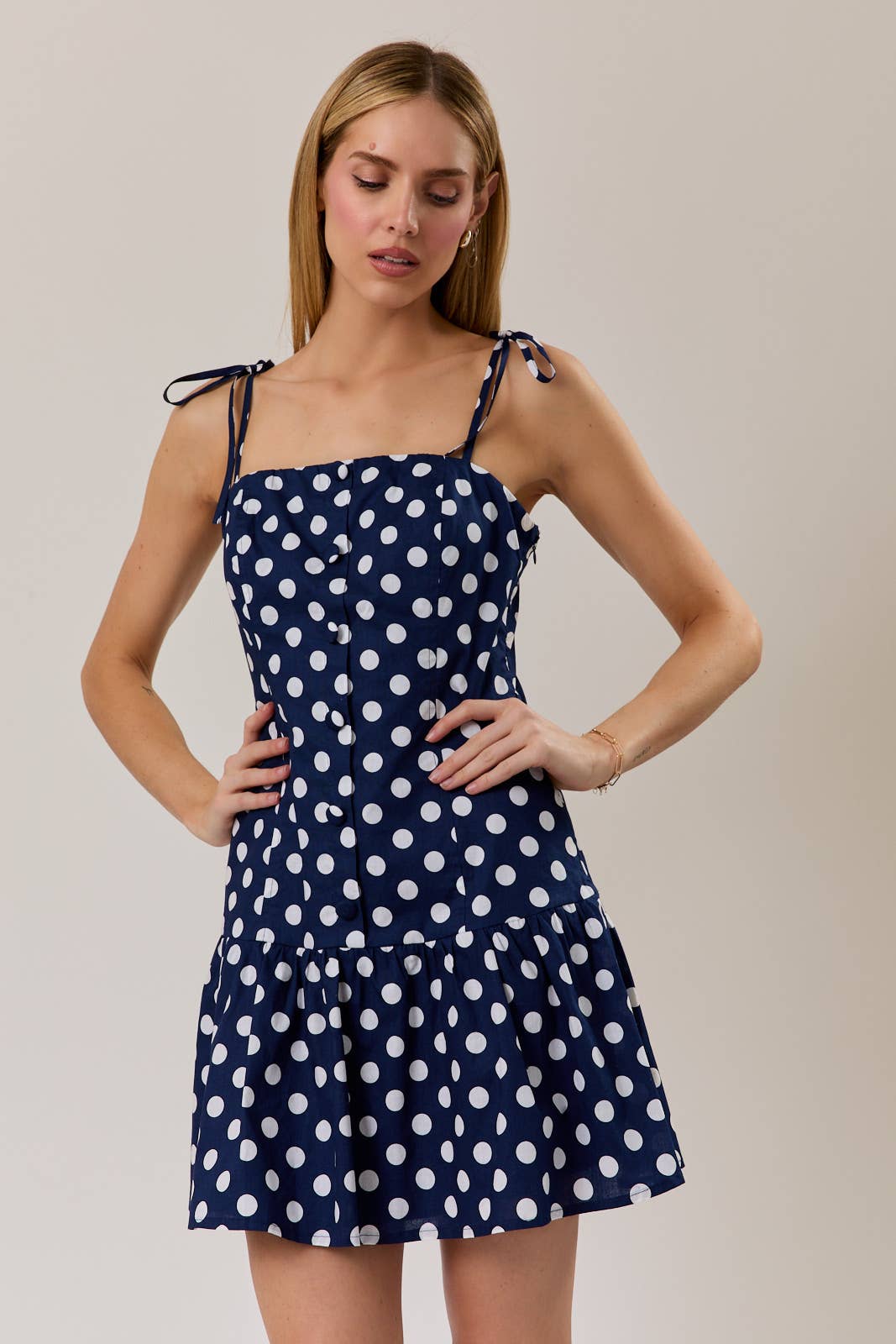 Drop Waist Button-Up Polka Dot Mini Dress