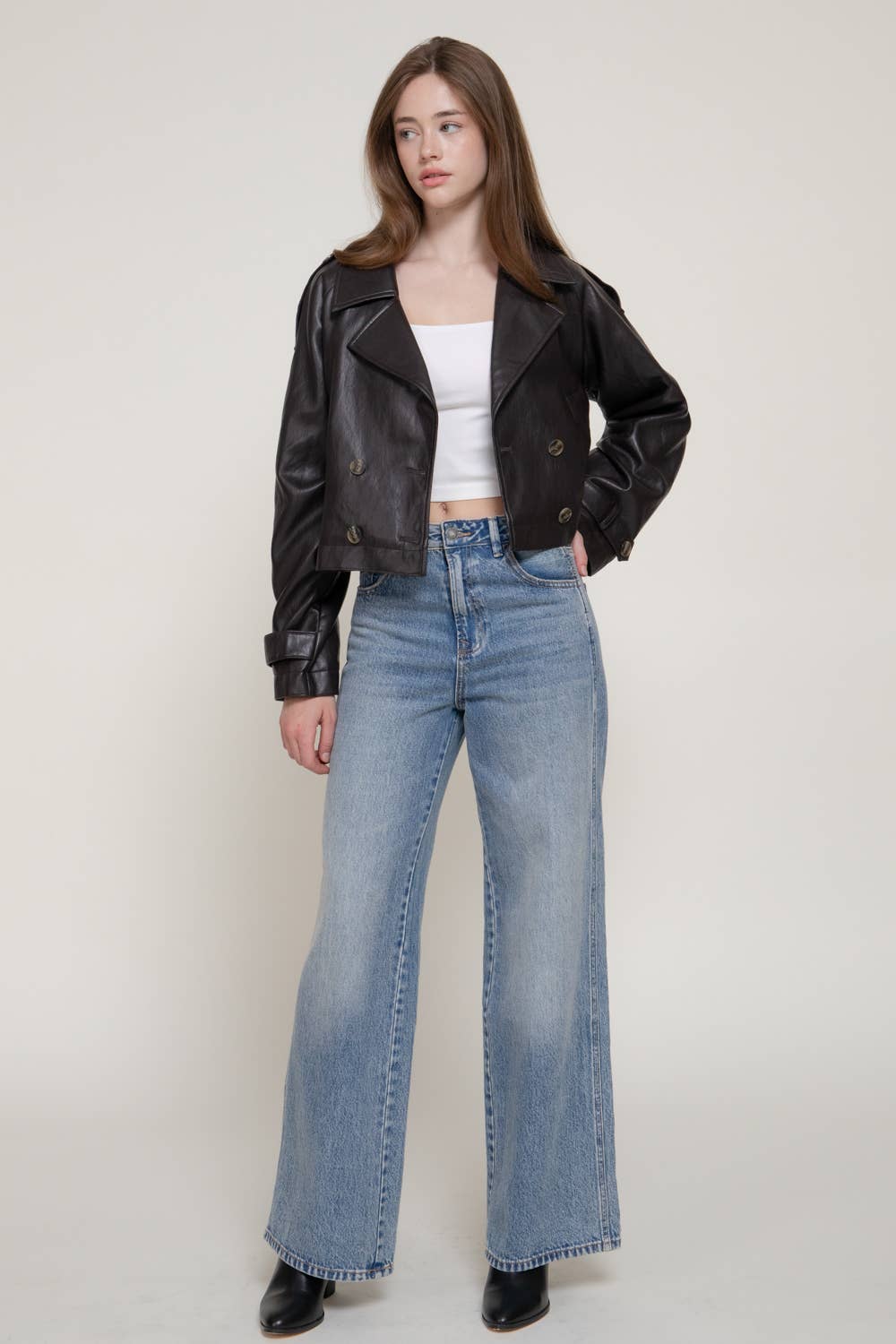 Faux Leather Cropped Trench Coat