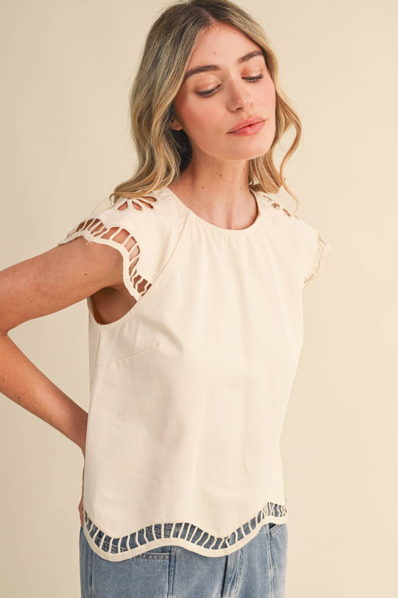 Embroidered Cut-Out Cap Sleeve Top