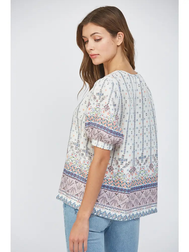 Pleat Detail Cotton Gauze Split Neck Top