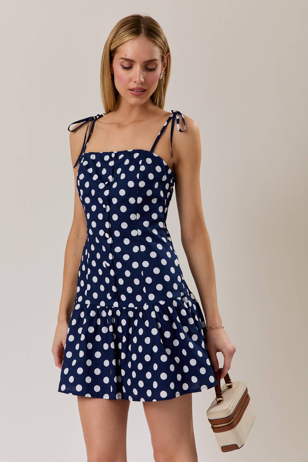 Drop Waist Button-Up Polka Dot Mini Dress