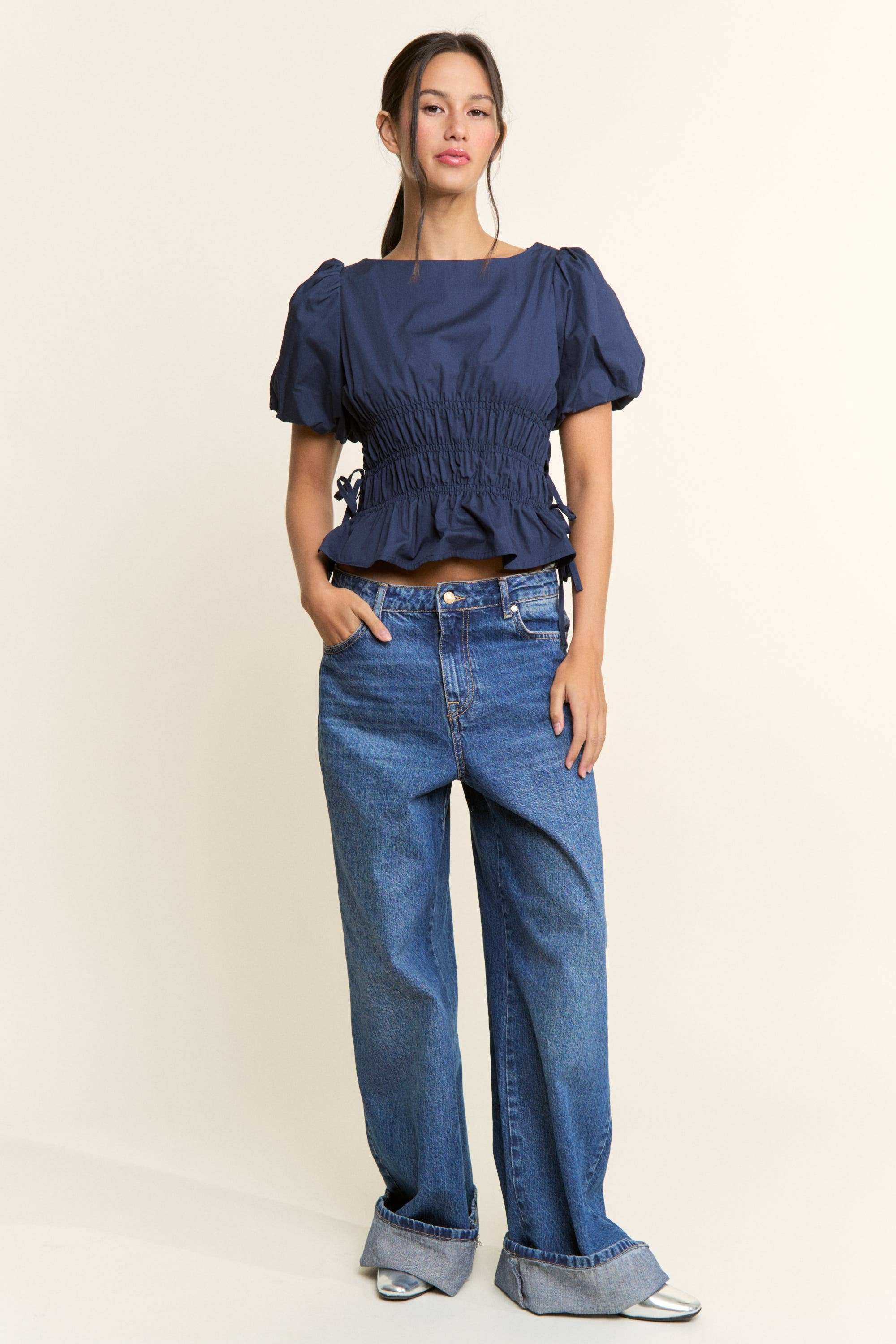 Boat Neckline Smocked Puff Sleeve Top