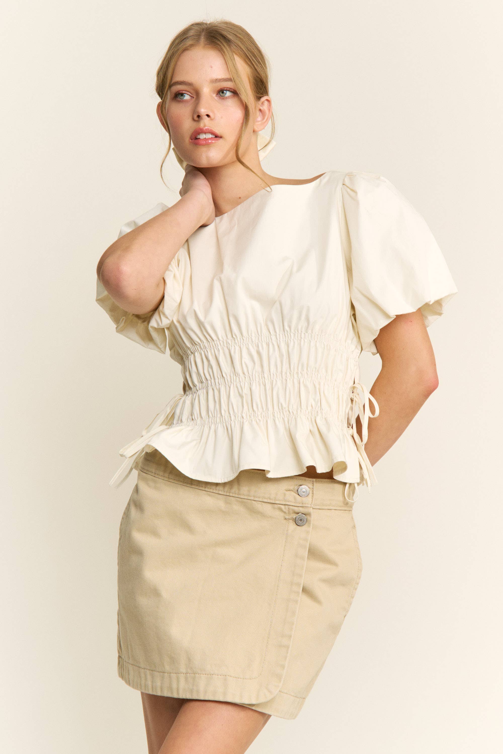 Boat Neckline Smocked Puff Sleeve Top