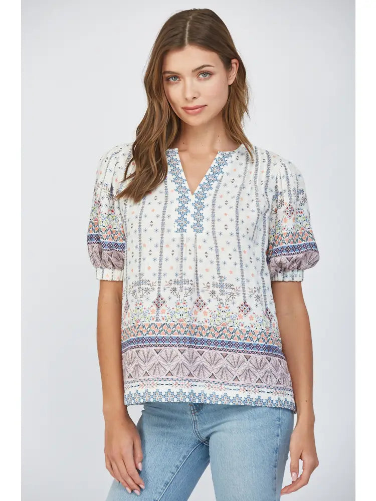 Pleat Detail Cotton Gauze Split Neck Top