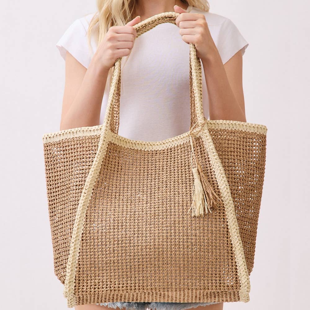 Two Tone Woven Straw Tote