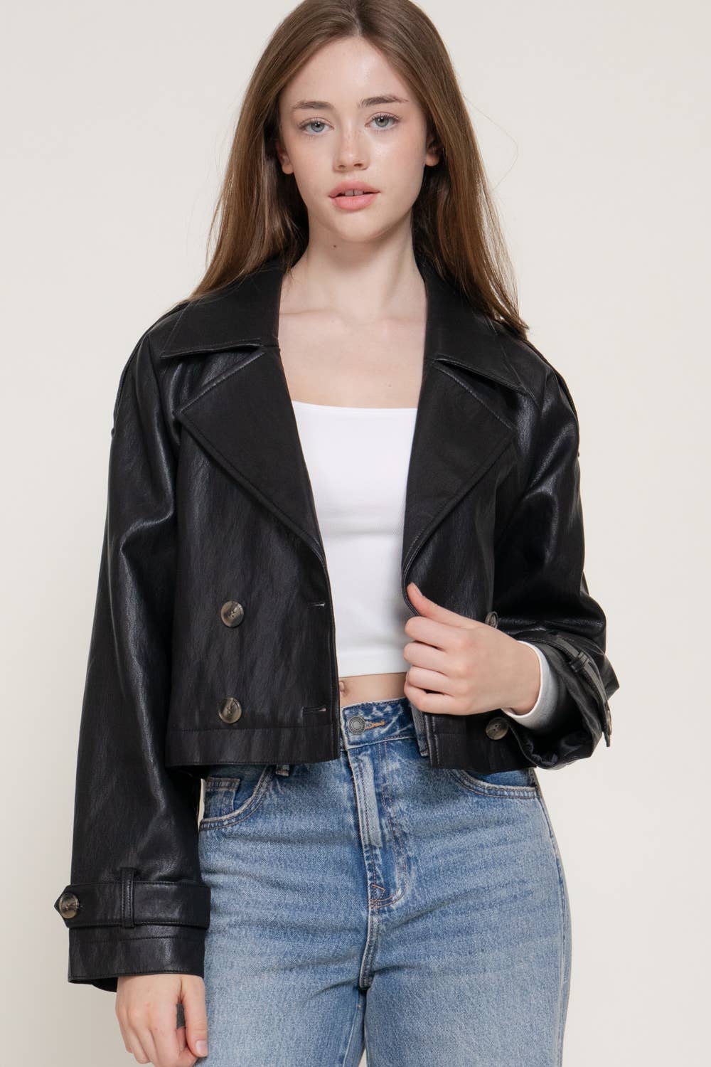 Faux Leather Cropped Trench Coat